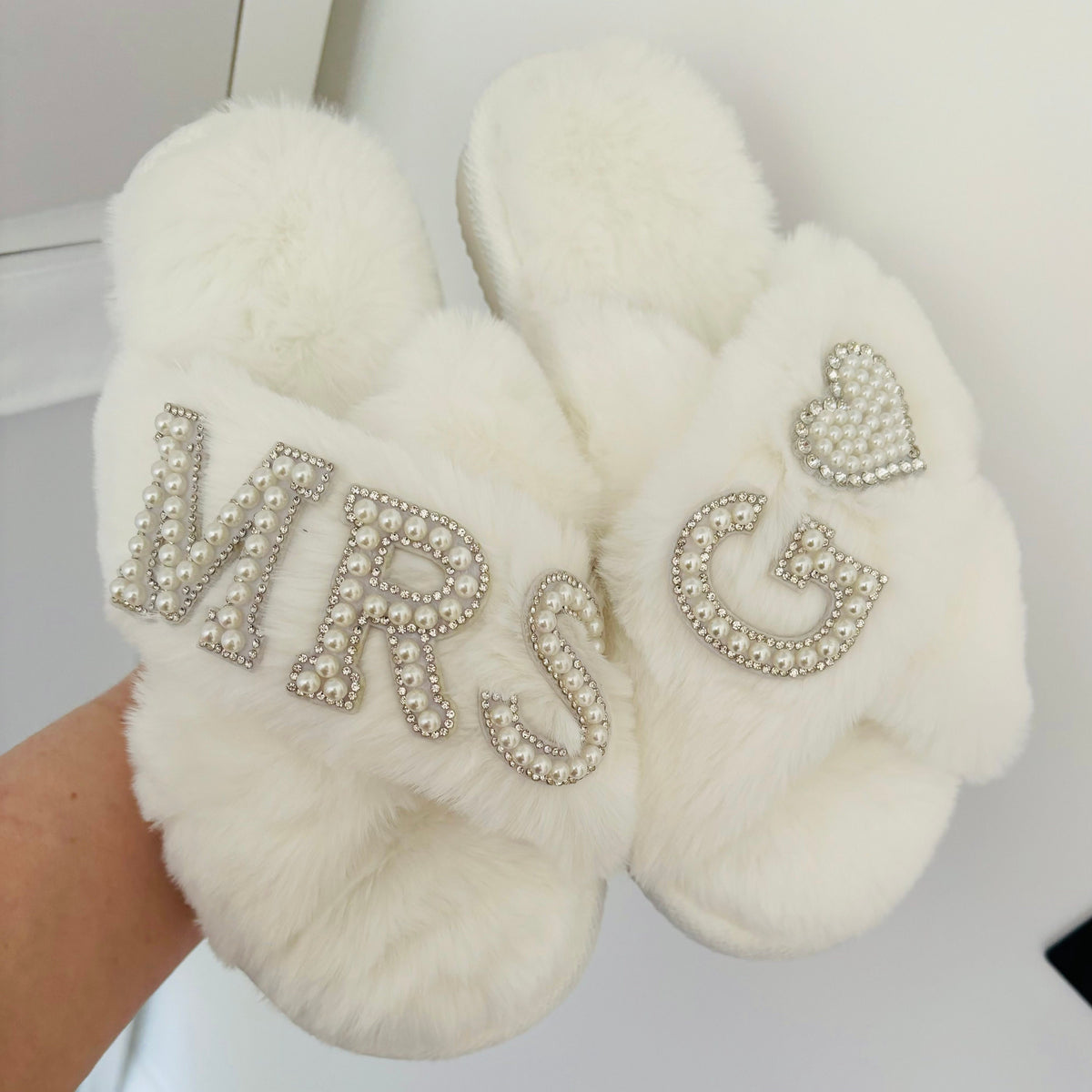 Bride Slippers | Mrs Slippers | Pearl Embellished Fluffy Bridal Slippers | Faux Fur Mrs. Slippers