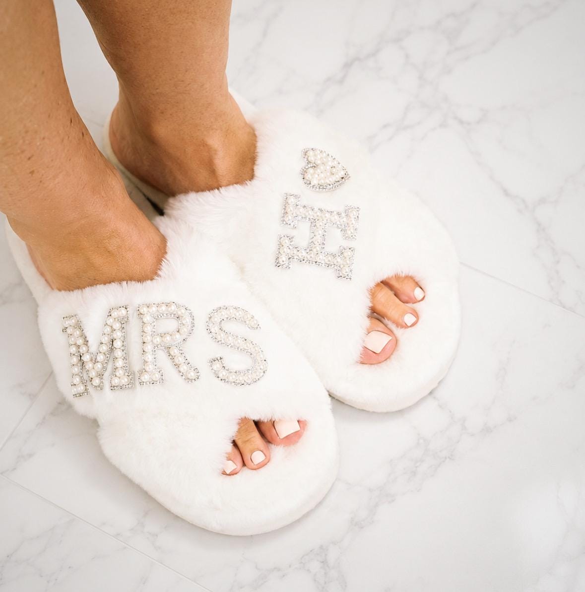 Bride Slippers | Mrs Slippers | Pearl Embellished Fluffy Bridal Slippers | Faux Fur Mrs. Slippers