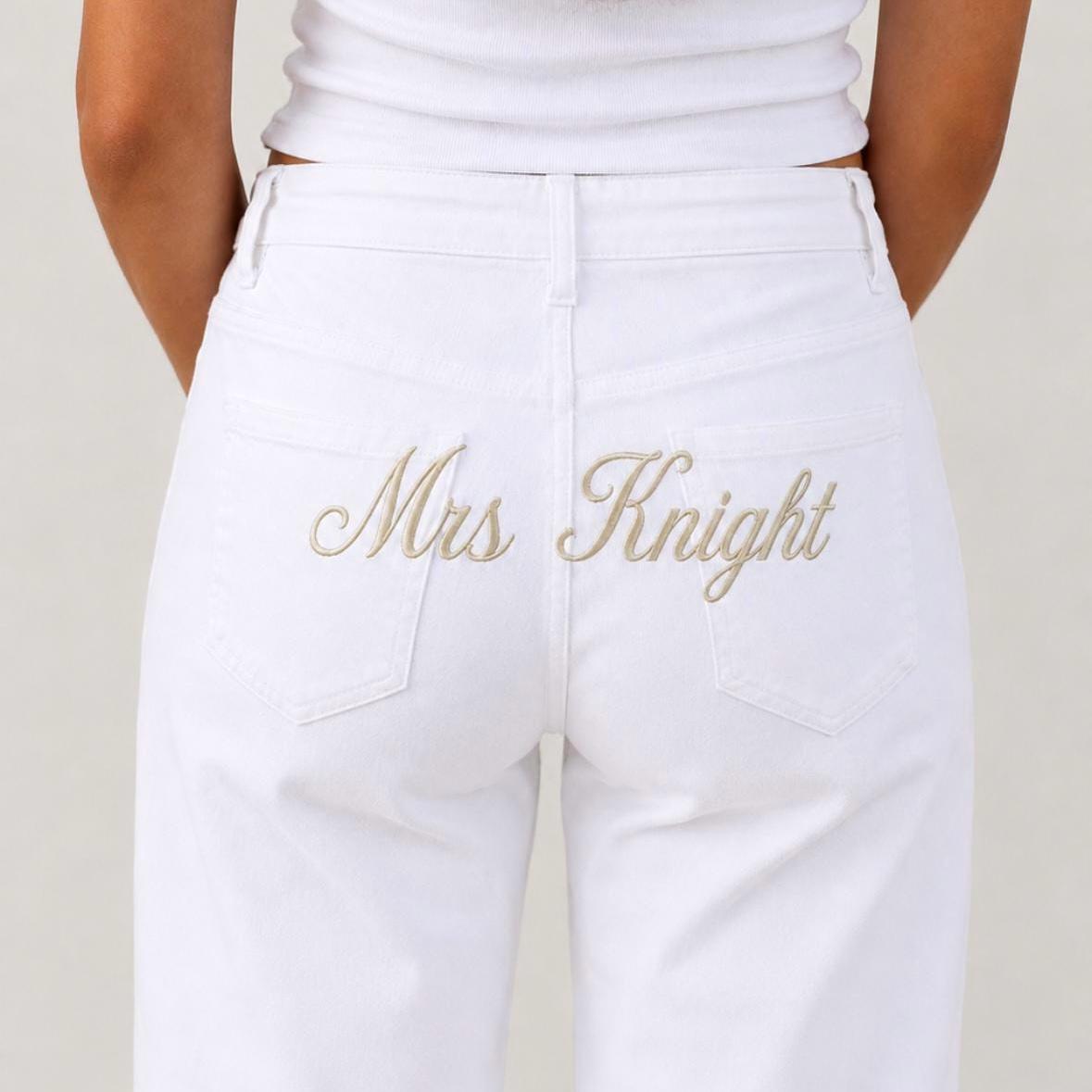 Custom Embroidered Jeans | Personalised Bridal Jeans | Custom Embroidered Mrs Jeans | Personalised Embroidered Jeans | Bride to Be Jeans