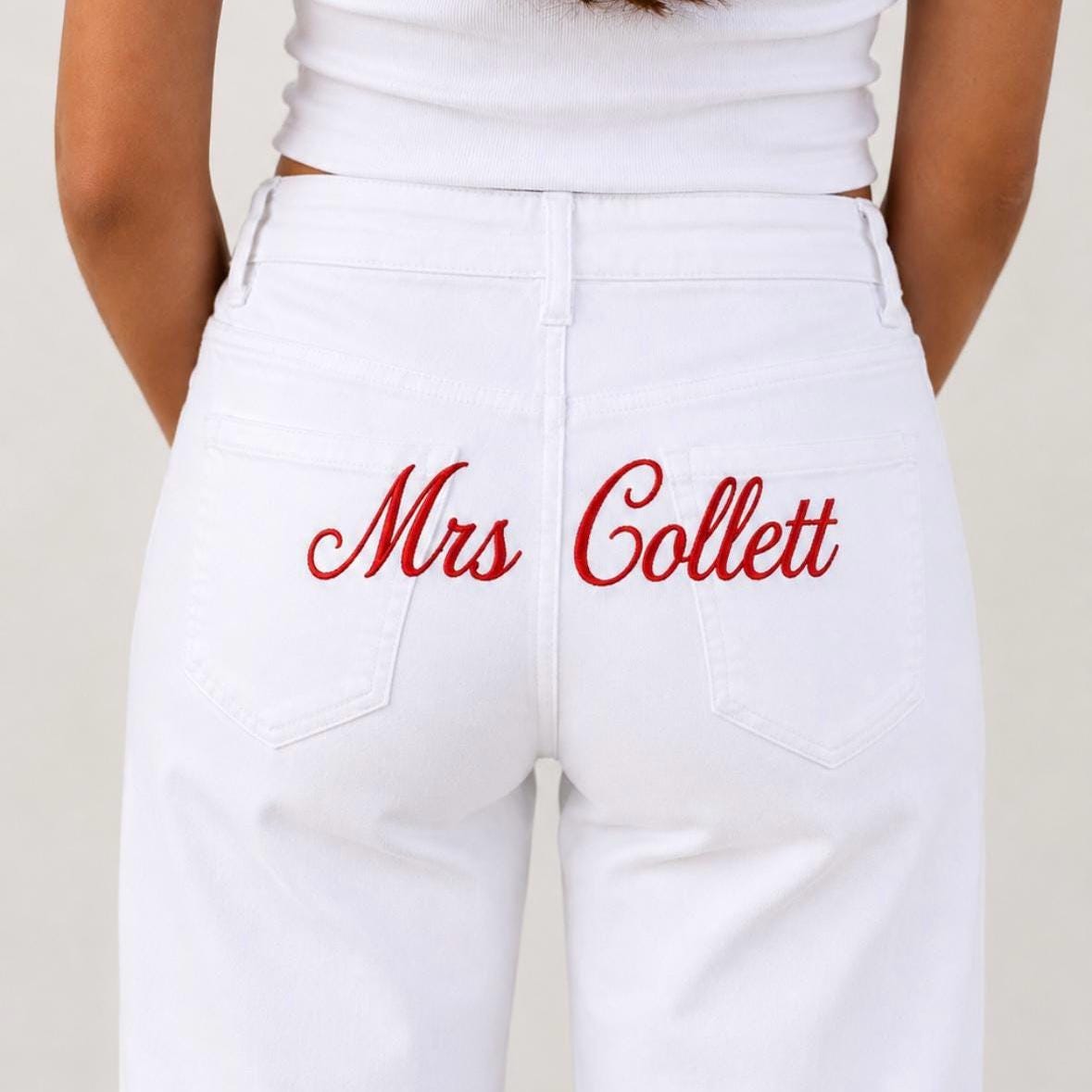 Custom Embroidered Jeans | Personalised Bridal Jeans | Custom Embroidered Mrs Jeans | Personalised Embroidered Jeans | Bride to Be Jeans