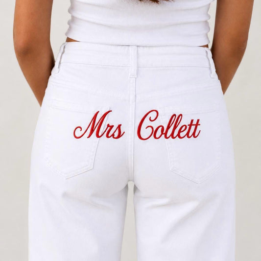 Custom Embroidered Jeans | Personalised Bridal Jeans | Custom Embroidered Mrs Jeans | Personalised Embroidered Jeans | Bride to Be Jeans