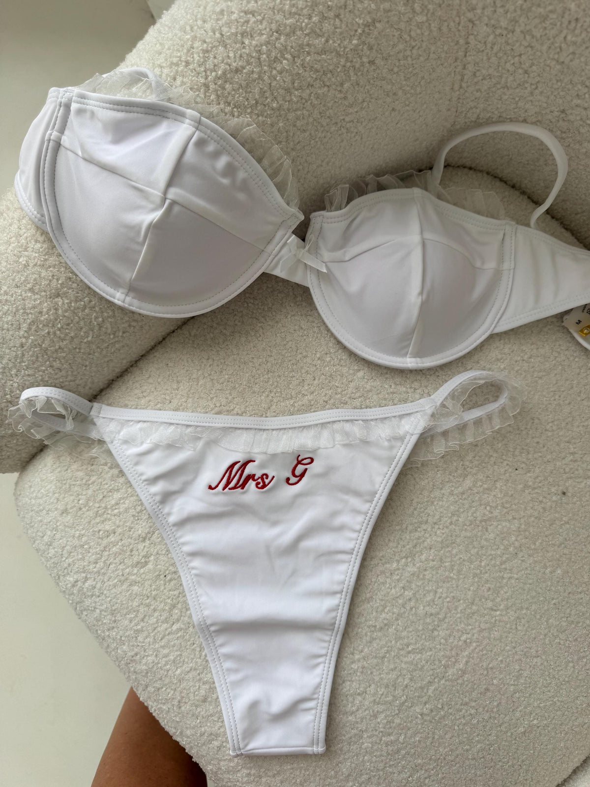 Personalised Bride Bikini | Mrs Bikini |Embroidered Honeymoon Swimwear | Hen Party Bikini | Frill Bikini