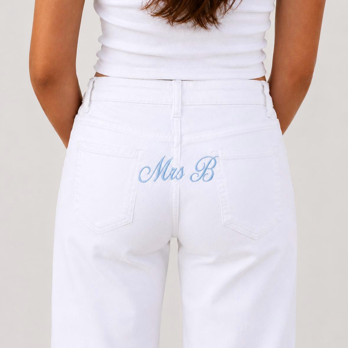 Custom Embroidered Jeans | Personalised Bridal Jeans | Custom Embroidered Mrs Jeans | Personalised Embroidered Jeans | Bride to Be Jeans