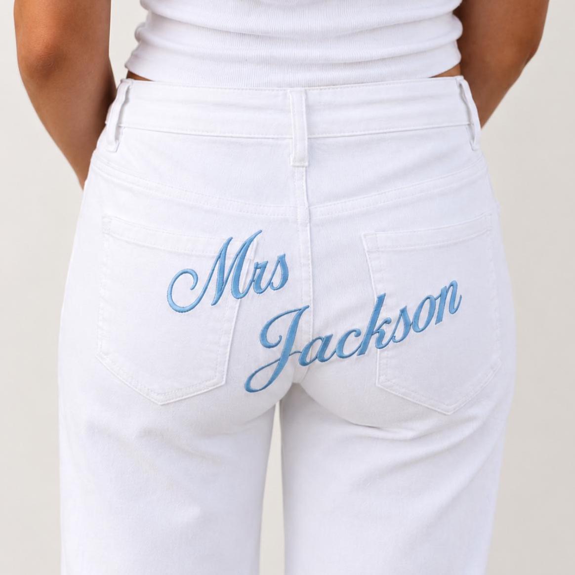 Custom Embroidered Jeans | Personalised Bridal Jeans | Custom Embroidered Mrs Jeans | Personalised Embroidered Jeans | Bride to Be Jeans
